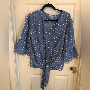 Elegant Blue Polka Dot Blouse with Tie-Front